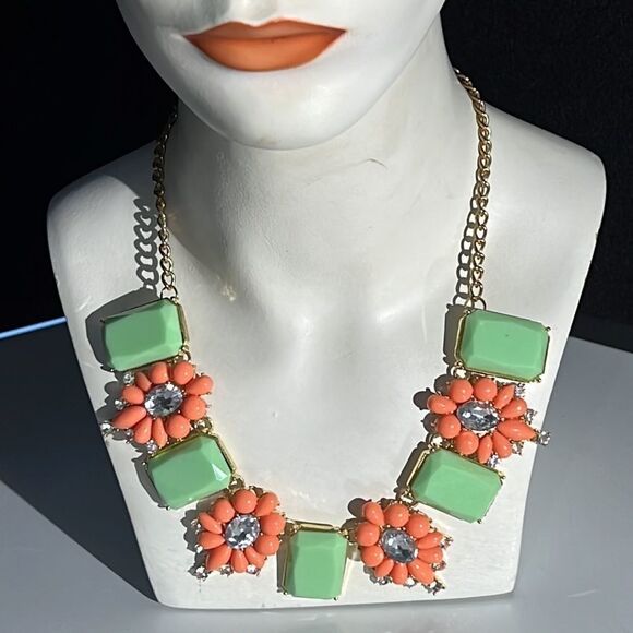 Coral & Green Colored Statement Necklace with Rhinestones - Picture 1 of 10